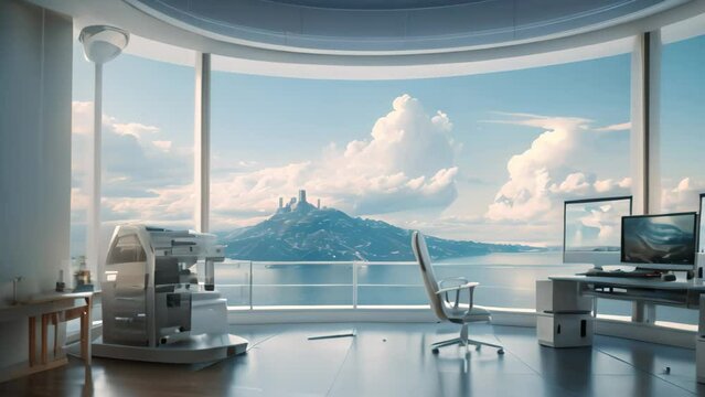 3D render of an operating room with a view of the mountains, A computer room offers a view of the sea, islands, and the sky, AI Generated