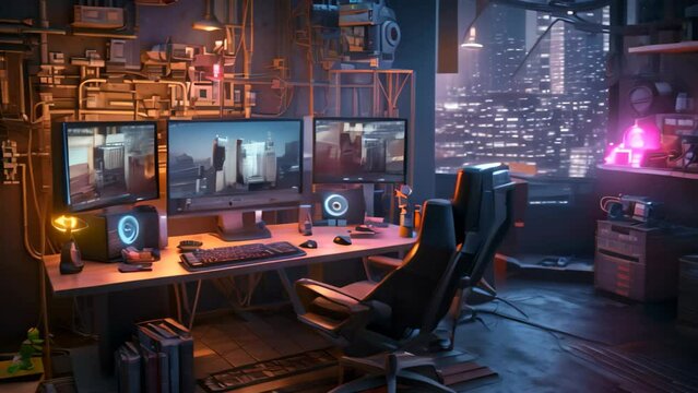 A cyberpunk gamer workspace with a computer and a mouse is presented in 3D rendering, --ar 3:2 --v 5.2 Job ID: c5b46781-2f7f-48c0-86cd-0c5239c9c697