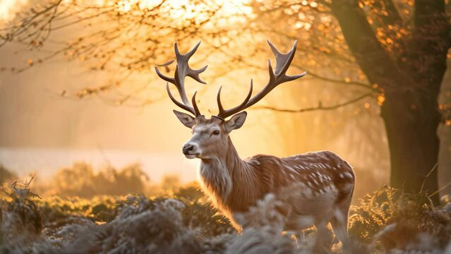 Fallow deer stag during rutting season at sunrise in autumn, UK, A Fallow deer stag during rutting season at sunrise in winter, AI Generated