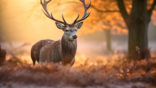 Fallow deer during rutting season at sunrise in winter, A Fallow deer stag during rutting season at sunrise in winter, AI Generated