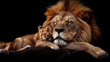 Fototapeta premium Male lion and cub portrait with empty space on the left for text, object on right side