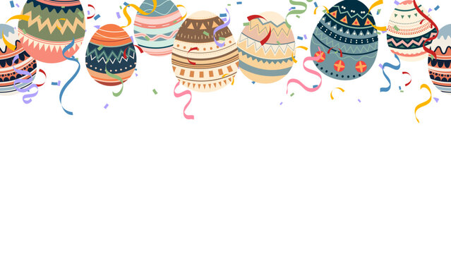 horizontal seamless banner Easter colorful painted eggs and confetti. egg hunt festival