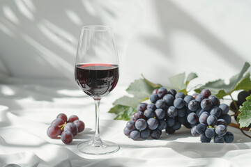 Different grapes and glass of red wine on white