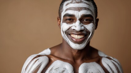 Model black man applying clay mask, spa costume - Powered by Adobe