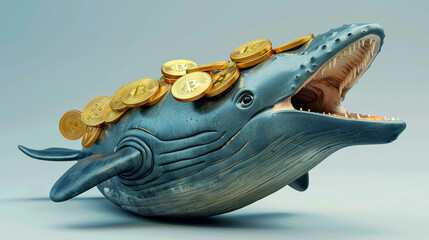 3D cartoon whale with full of gold bitcoin investment, financial concept - obrazy, fototapety, plakaty
