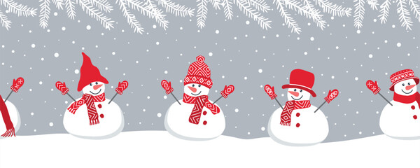 Cute snowmen have fun in winter holidays. Seamless border. Christmas background. Different snowmen in red winter clothes under spruce branches. Template for a greeting card. Vector illustration