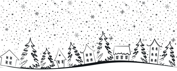 Christmas village. Winter background. Seamless border. Fairy tale winter landscape. Black silhouettes of houses, fir trees, snowflakes on white background. Vector illustration