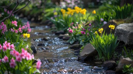 Blossoming Garden Creek: A Closeup Macro View of Nature Landscape with a Serene Spring Garden Stream