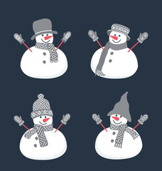 Cute snowmen. Set. Four different snowmen in beautiful winter gray clothes. Can be used as a template for a greeting card.  Vector illustration