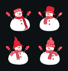 Cute snowmen. Set. Four different snowmen in beautiful winter red clothes. Can be used as a template for a greeting card.  Vector illustration