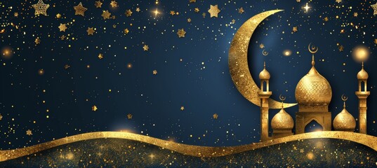 Minimalist mosque silhouette with crescent moon in gold lines on dark background   space for text