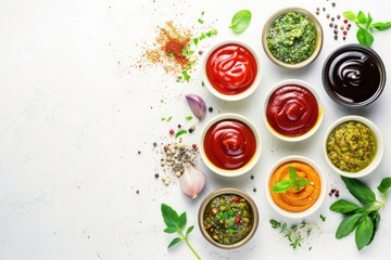 Burger Sauce Set. Portion of Condiment Bowls Including Classic Burger Sauce, Ketchup, BBQ, Mustard, Pesto and Herbs on White Background. Top View