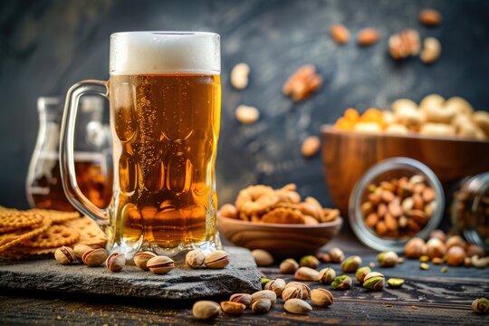 Beer and Snacks - A Wooden Table Set with Lager Beer, Nutty Pistachios, and Glasses of Drink on a Stone Background. Perfect for Pubs and Foodies