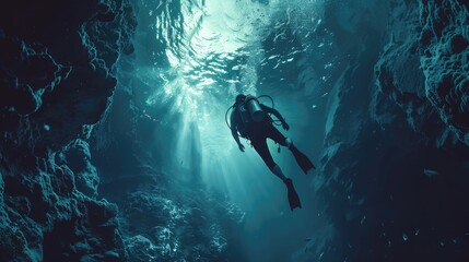Deep Sea Diver in Epic Underwater Caverns - Scuba Diving into the Abyss of the Ocean with Beautiful Sea Life and Underwater Exploration