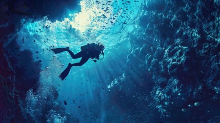 Fototapeta na wymiar Deep Sea Diver Swimming in a Mysterious Underwater Cavern - Underwater Exploration and Diving into the Abyss