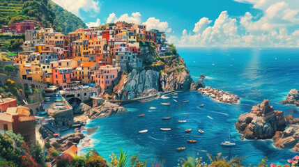 enchanting colorful coastal village allure - obrazy, fototapety, plakaty