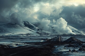 Geothermal Energy Pipeline. Green Energy Production in Nordic Landscape with Mountain and Industrial Factory Building in Iceland - obrazy, fototapety, plakaty