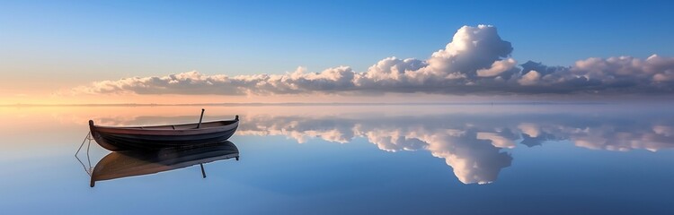 Naklejka premium sunrise over a calm lake with a boat