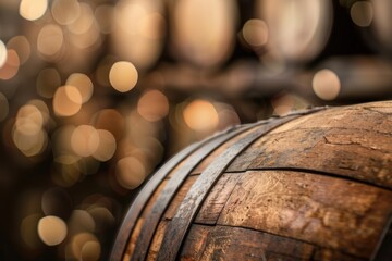 Old Barrel for Wine, Whiskey or Beer. Vintage Wooden Barrel in Blurry Winery Cellar Background