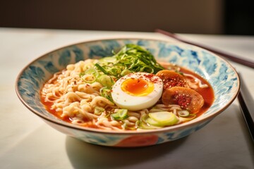 Delicious ramen on a marble slab against a pastel or soft colors background