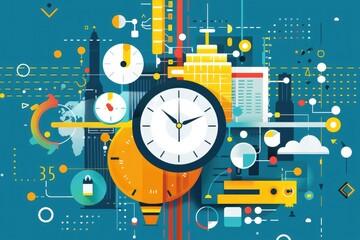 Illustration highlighting strategies for optimizing time management and enhancing personal productivity in business. Ideal for visualizing efficient work practices.  - obrazy, fototapety, plakaty