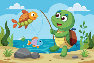 create-a-coloring-page-of--cute-turtle-catching-fi.eps