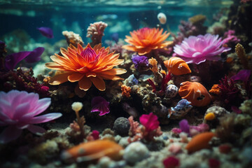 A vibrant and colorful underwater scene showcases blooming water lilies in shades of pink, orange, and purple among small fish and coral.
