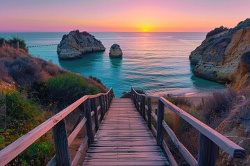 Summer Sunrise at Camilo Beach, Algarve: Wooden Walkway Leading to Turquoise Ocean and Cliff Views in Portugal - obrazy, fototapety, plakaty