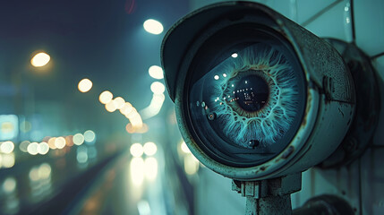Surreal surveillance camera with a watchful eye, a blend of technology and vision. - obrazy, fototapety, plakaty