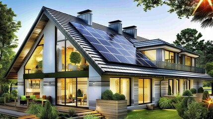 Fototapeta premium Modern house with seamlessly integrated solar panel harnessing energy from the sun