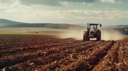 Fototapeta premium Farming scene: Tractor plows field for planting. Rural agriculture portrayed with machinery and soil preparation, evoking the essence of farm life and cultivation.