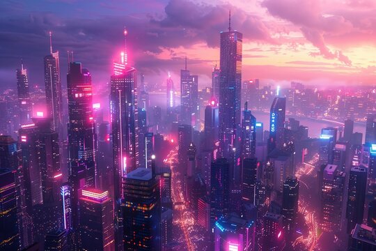 Cyberpunk cityscape at night, neon lights and towering skyscrapers , octane render