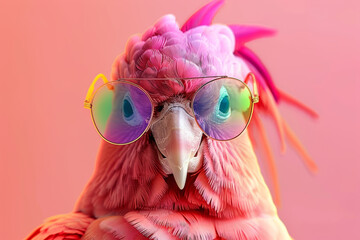 Quirky pink parrot donning rainbow sunglasses, a flamboyant and whimsical portrait. - obrazy, fototapety, plakaty