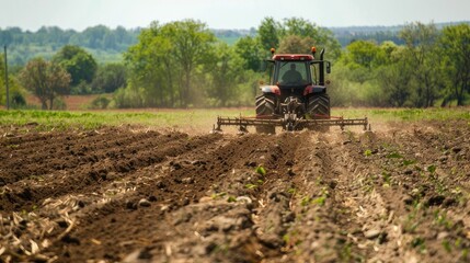 Fototapeta premium Farming scene: Tractor plows field for planting. Rural agriculture portrayed with machinery and soil preparation, evoking the essence of farm life and cultivation.