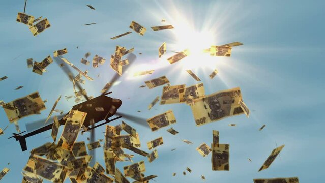 Zimbabwe money Zimbabwean dollars banknotes helicopter money dropping. ZWL 100 notes abstract 3d concept of inflation, money printing, finance, economy, crisis and quantitative easing.