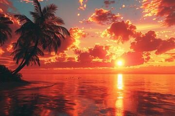Fiery sunset over the ocean, silhouettes of palm trees on the beach , 3D render