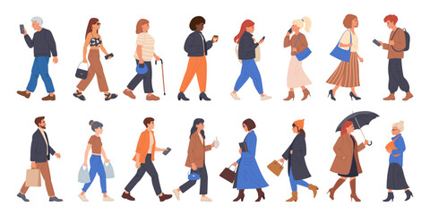 Fototapeta na wymiar Walking people. Men and women going to office, shopping or walking, pedestrians walk, student, businessman or tourist walk together flat vector illustration set. People diverse crowd characters