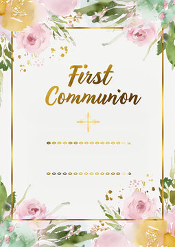Tarjeta de invitación para la celebración de la Primera Comunión, First Communion, escrito en letras doradas sobre fondo o marco floral tonos pastel, con lineas de puntos para dar detalles lugar fecha
