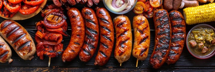 Delicious barbecue dinner with golden grilled sausages on table   realistic food photography - obrazy, fototapety, plakaty