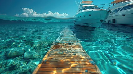 Close-up of a luxury yacht's teak swim platform, inviting passengers to dive into the crystal-clear waters and explore underwater wonders.
