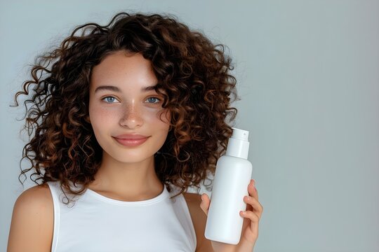 Young girl with curly hair holding a bottle of hair care product: A closeup shot. Concept Portrait Photography, Product Photography, Close-up Shot, Curly Hair, Natural Beauty