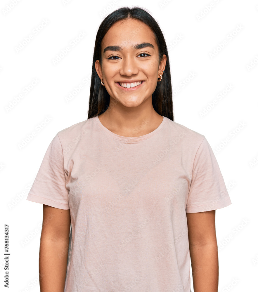 Poster young asian woman wearing casual clothes with a happy and cool smile on face. lucky person.