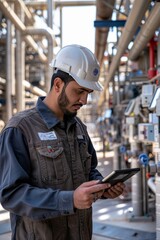 Middle eastern engineer with tablet at oil refinery site with storage tanks and piping systems