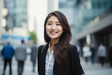 Naklejka premium Smiling asian businesswomen in suit. Women in work clothes. Rich women. Business boss. Boss of a start-up. Asian women. Chinese women. Japanese women. AI. 