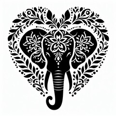 An artistic rendering of an elephant head, richly adorned with intricate floral patterns, ensconced within a heart-shaped outline.