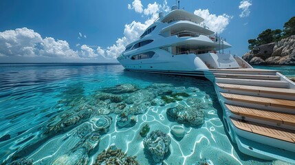 Close-up of a luxury yacht's teak swim platform, inviting passengers to dive into the crystal-clear waters and explore underwater wonders. - obrazy, fototapety, plakaty