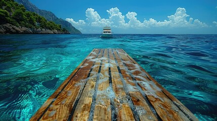 , inviting passengers to dive into the crystal-clear waters and explore underwClose-up of a luxury yacht's teak swim platformater wonders. - obrazy, fototapety, plakaty