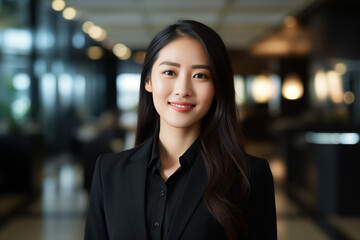 Smiling asian businesswomen in suit. Women in work clothes. Rich women. Business boss. Boss of a start-up. Asian women. Chinese women. Japanese women. AI.	