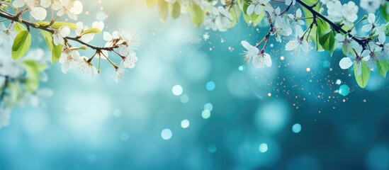 A close-up view of a tree branch adorned with white flowers. The delicate blooms contrast with the green leaves, adding a touch of elegance to the scene. - obrazy, fototapety, plakaty