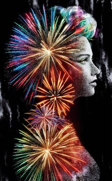 This is an image of a woman, who symbolically has fireworks displayed in her hair.